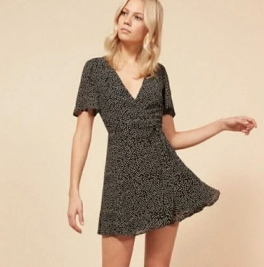 Reformation XS Lucky Wrap Mini Dress black polka dot
